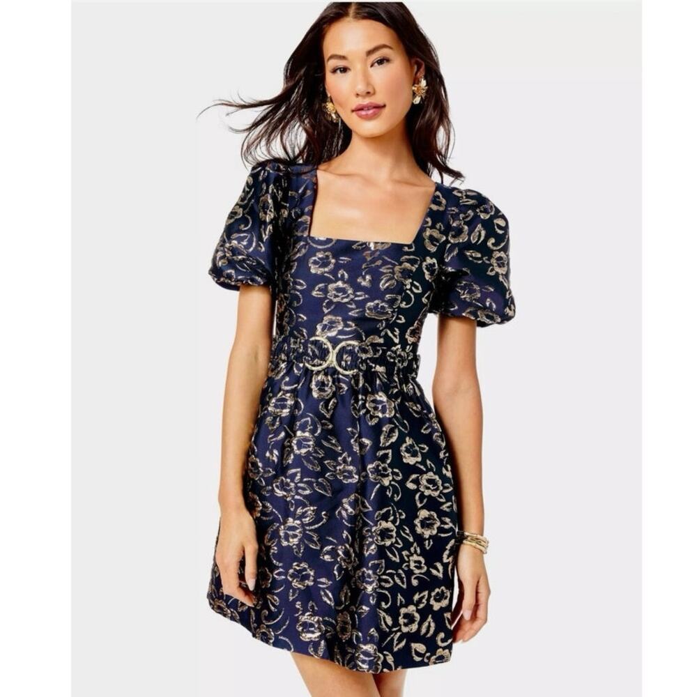 Lilly Pulitzer Navy Floral Puff-Sleeve Midi Dress with Gold Accents